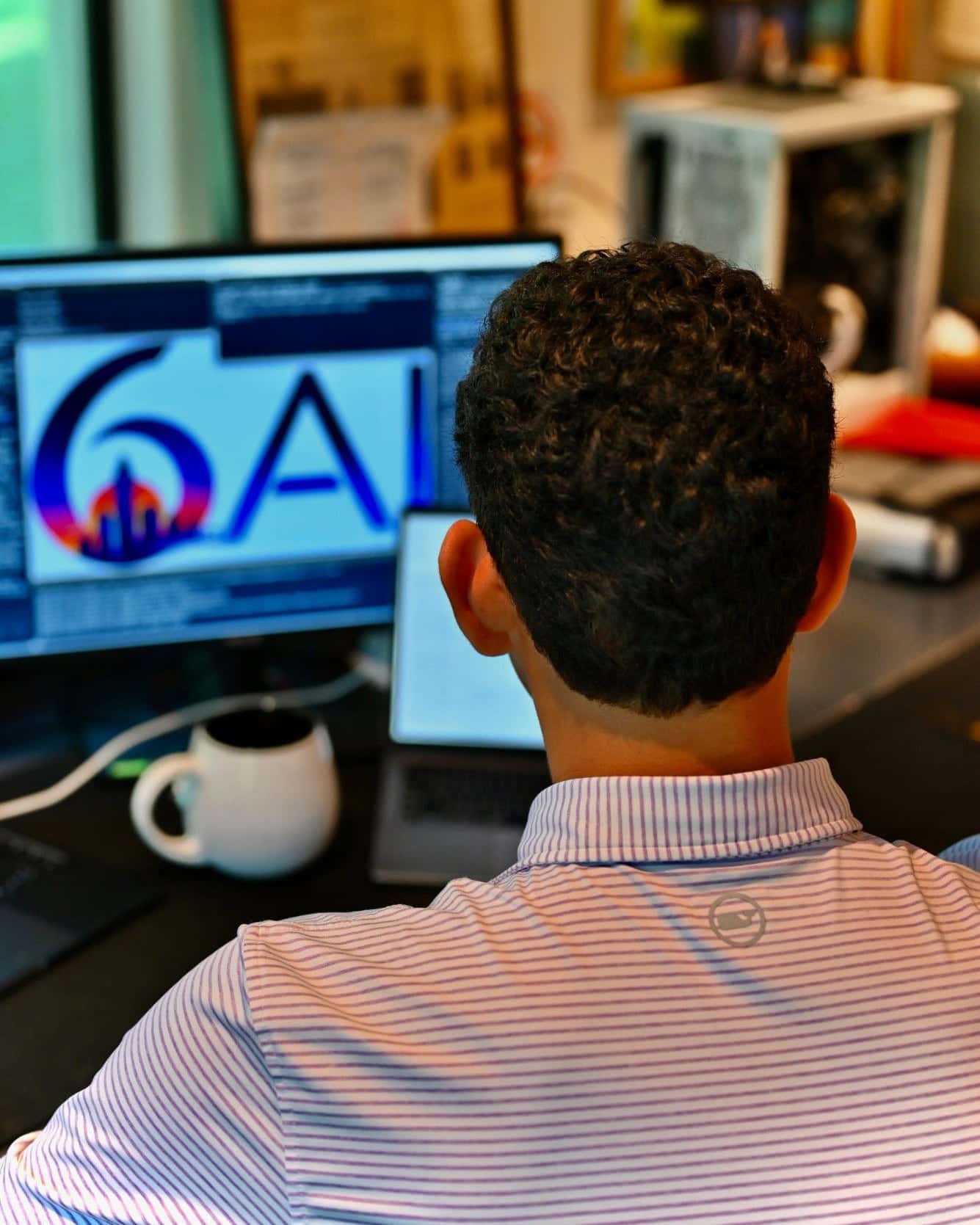 Nyan Balaji working at his desk in the 6AI office, seen from behind, with the 6AI logo on the monitor