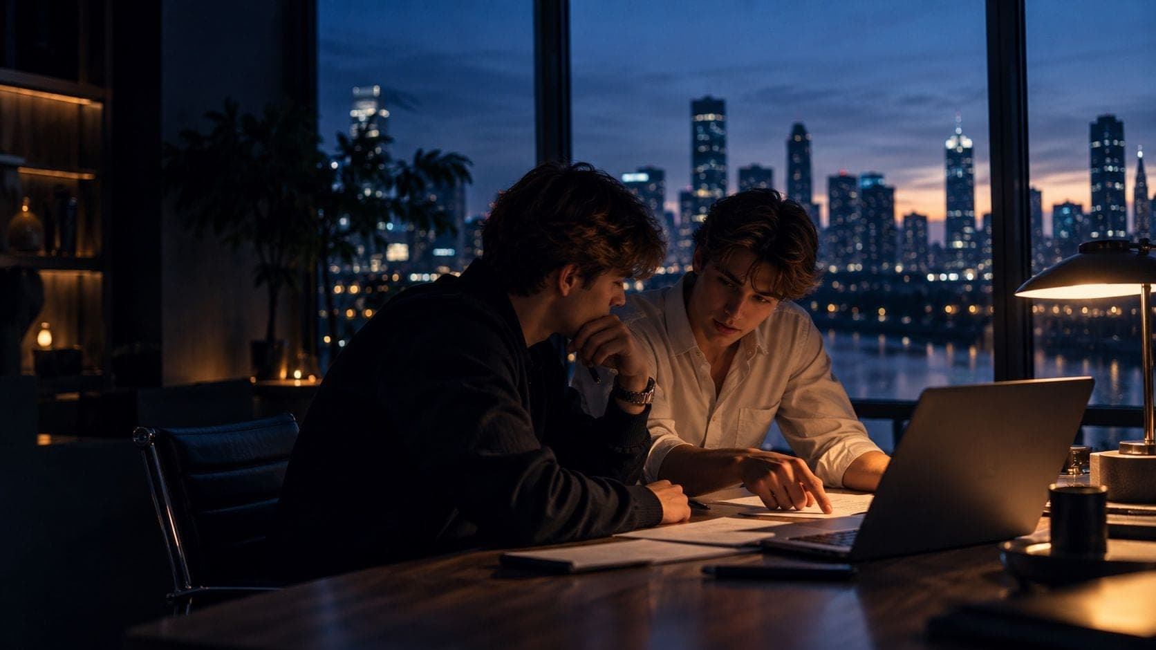 Two colleagues going over work at a table in an office at dusk (a generated illustration, not a photograph)