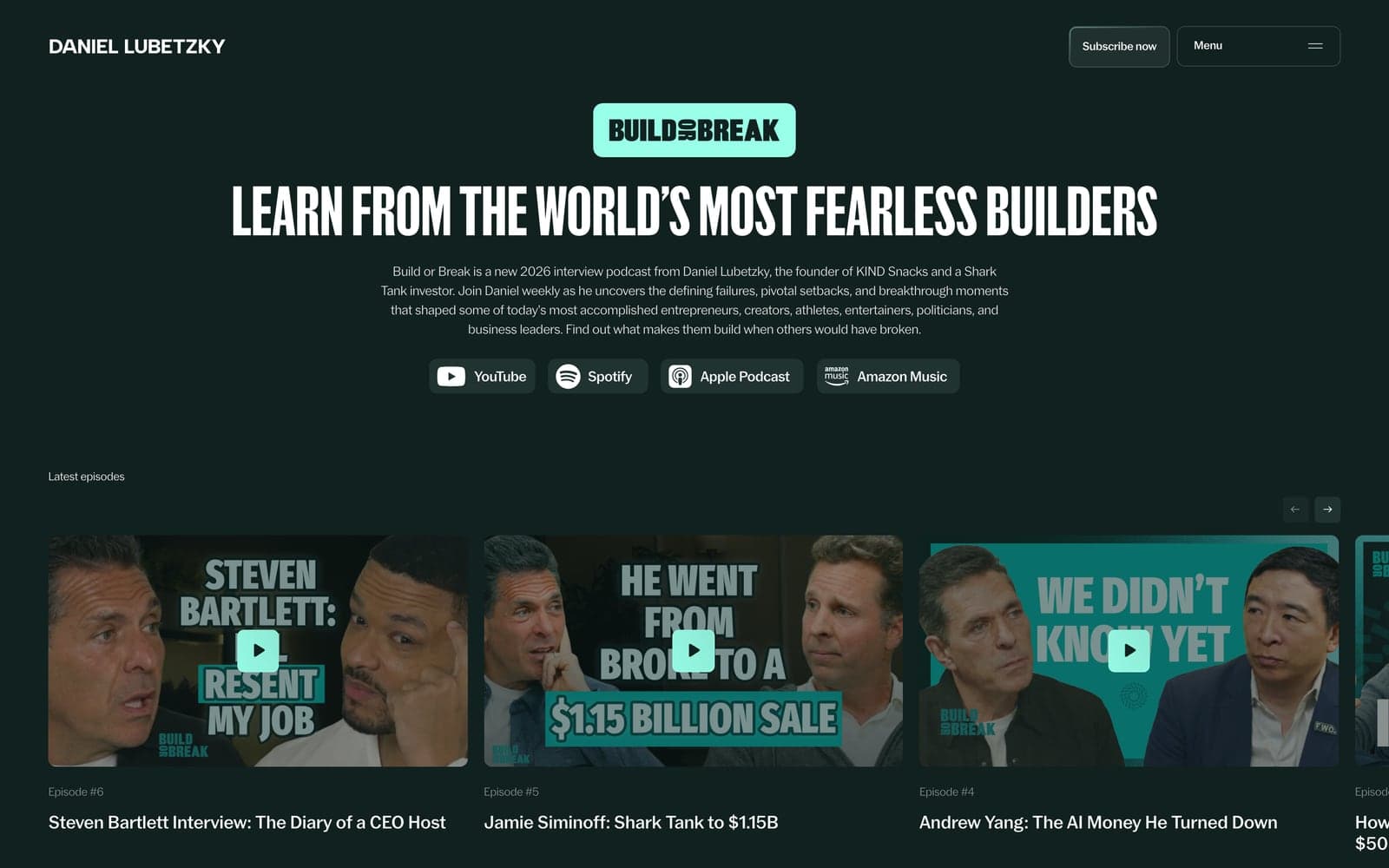 The Build or Break podcast hub on daniellubetzky.com, the page 6AI set up for search, at desktop width