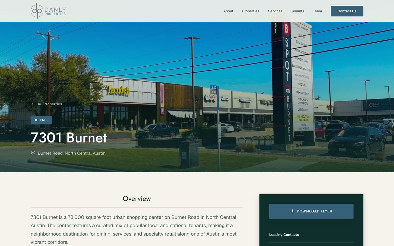 The Danly Properties 7301 Burnet page that 6AI built, at desktop width