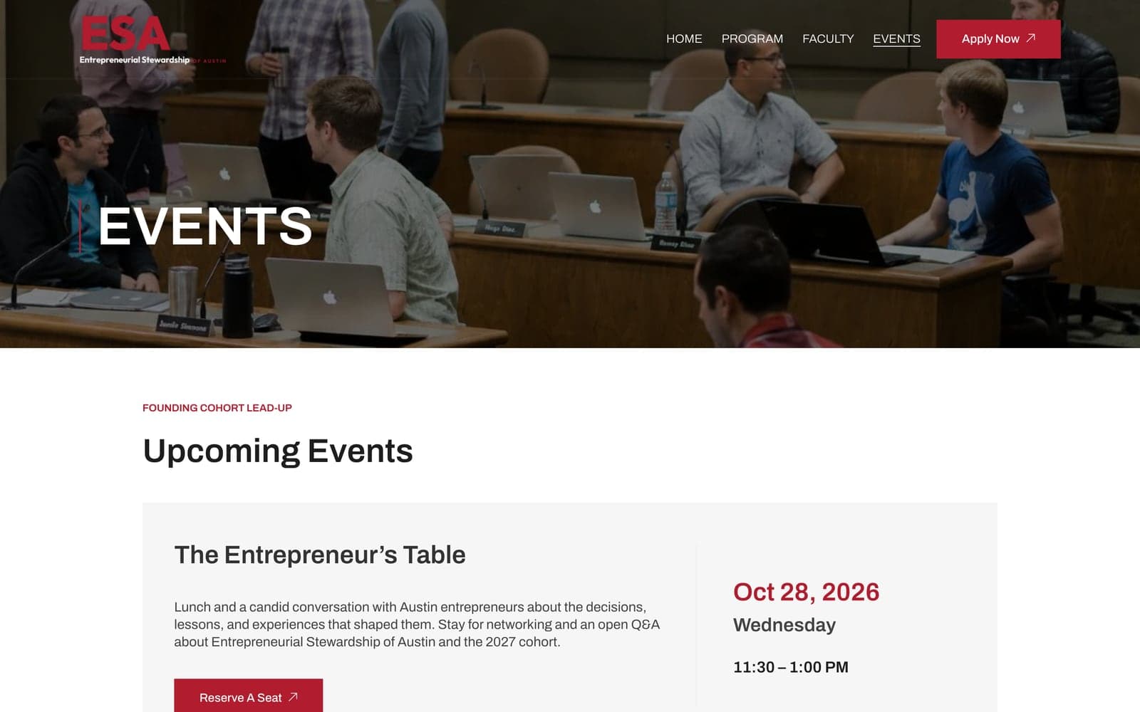 The Events page on esaustin.org, Entrepreneurial Stewardship of Austin's site, where 6AI does the SEO and GEO, at desktop width