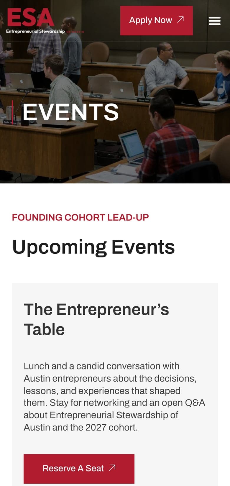 The Events page on esaustin.org, Entrepreneurial Stewardship of Austin's site, where 6AI does the SEO and GEO, on a phone