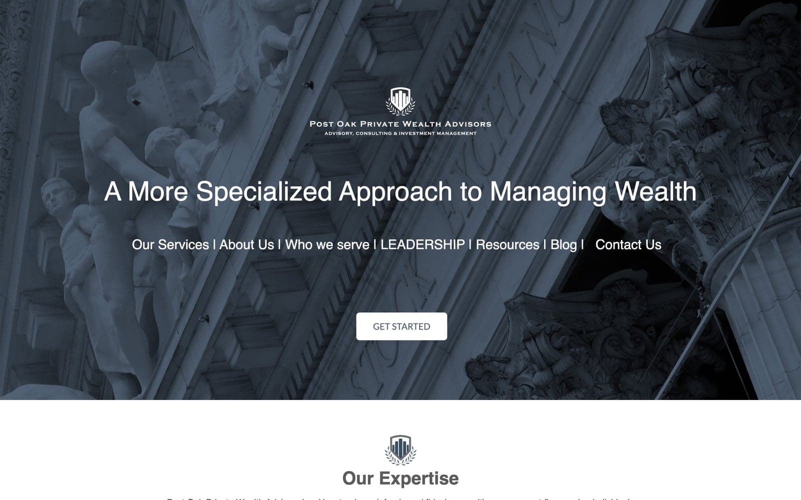 The Post Oak Private Wealth Advisors homepage on postoakprivatewealth.com, where 6AI does the SEO and GEO, at desktop width