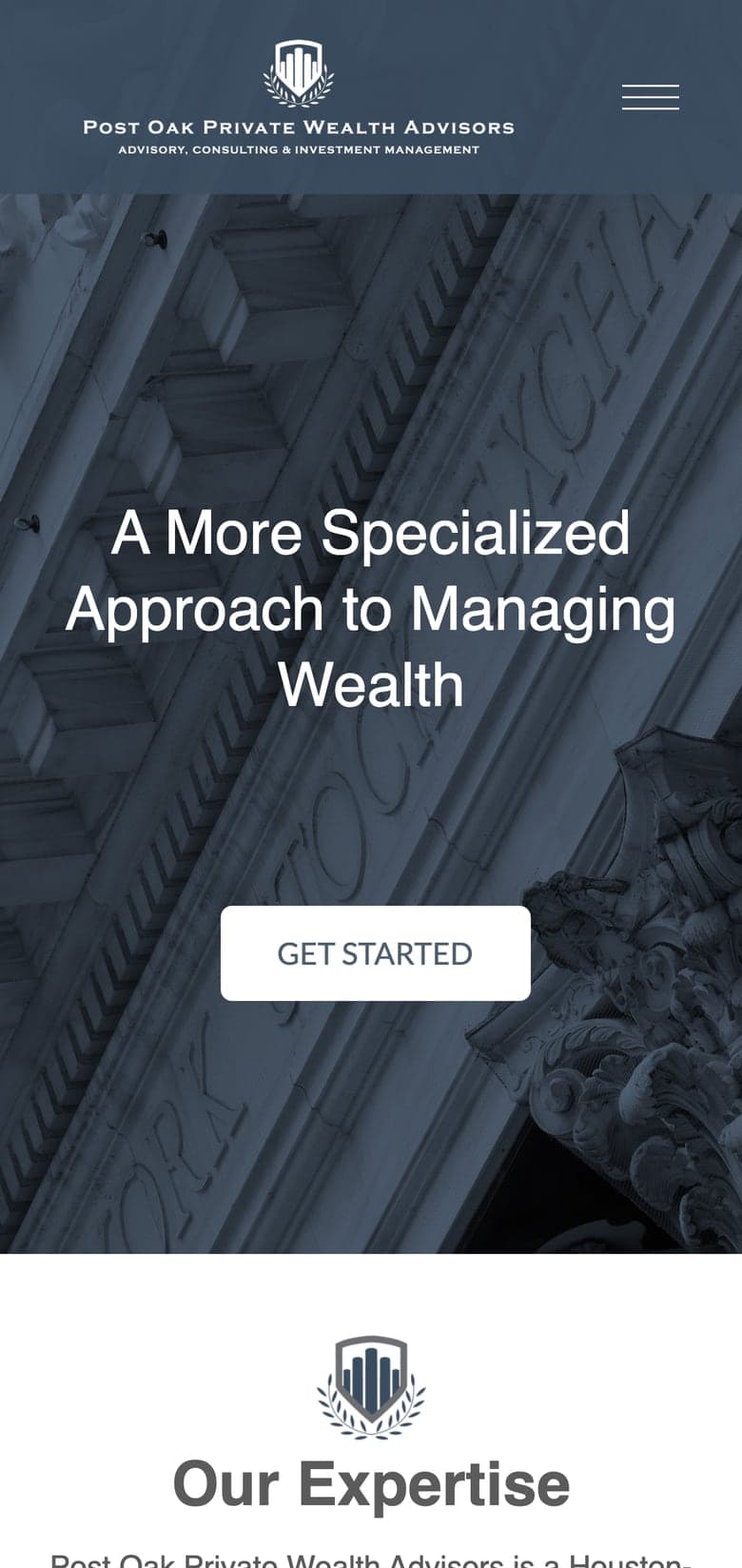 The Post Oak Private Wealth Advisors homepage on postoakprivatewealth.com, on a phone