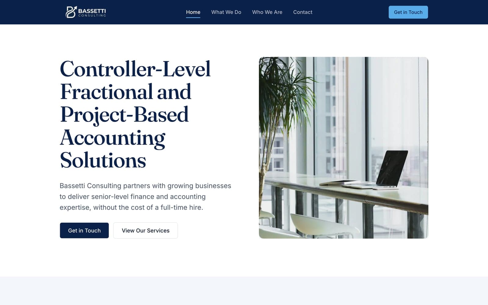 The Bassetti Consulting homepage that 6AI designed and built, at desktop width